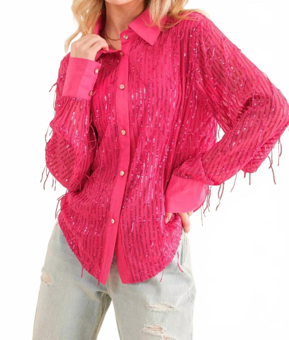 NEW BLUE B sequin stripe fringe button up shirt blouse in fuchsia